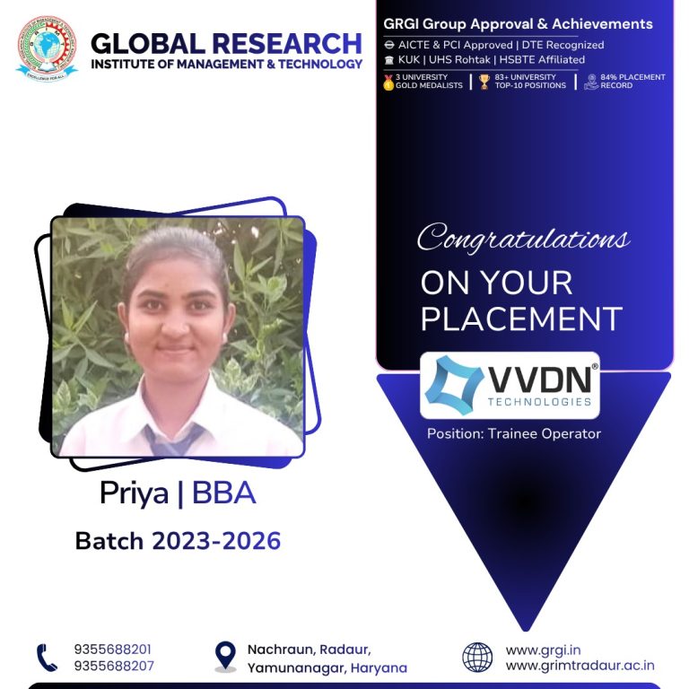 Priya Placed at VVDN Technologies | BBA Placement | GRIMT
